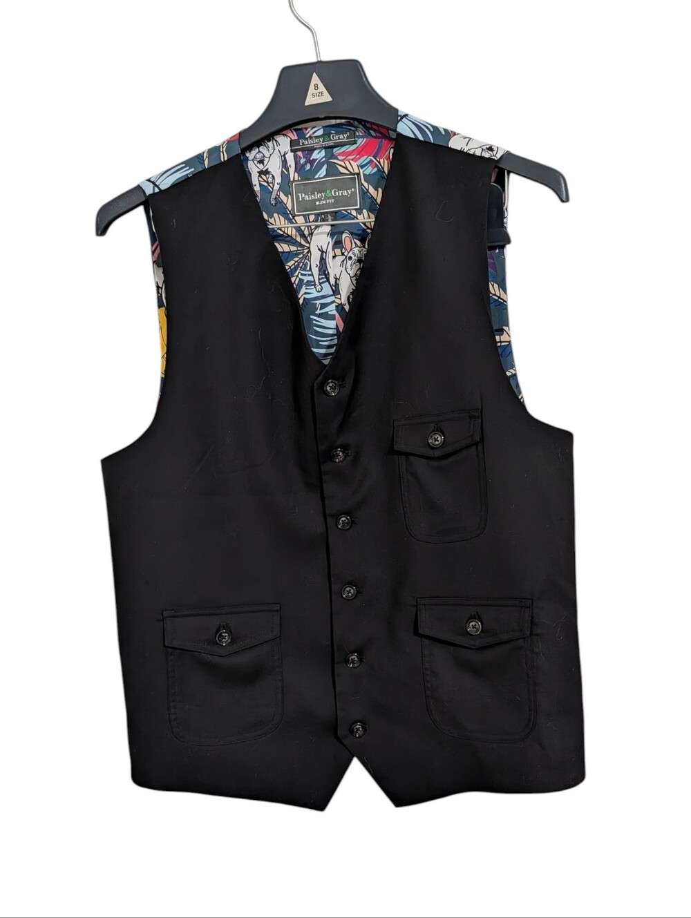 NWOT Paisley & Gray Black Men's Slim Dress Vest Tropical French Bulldog Design L